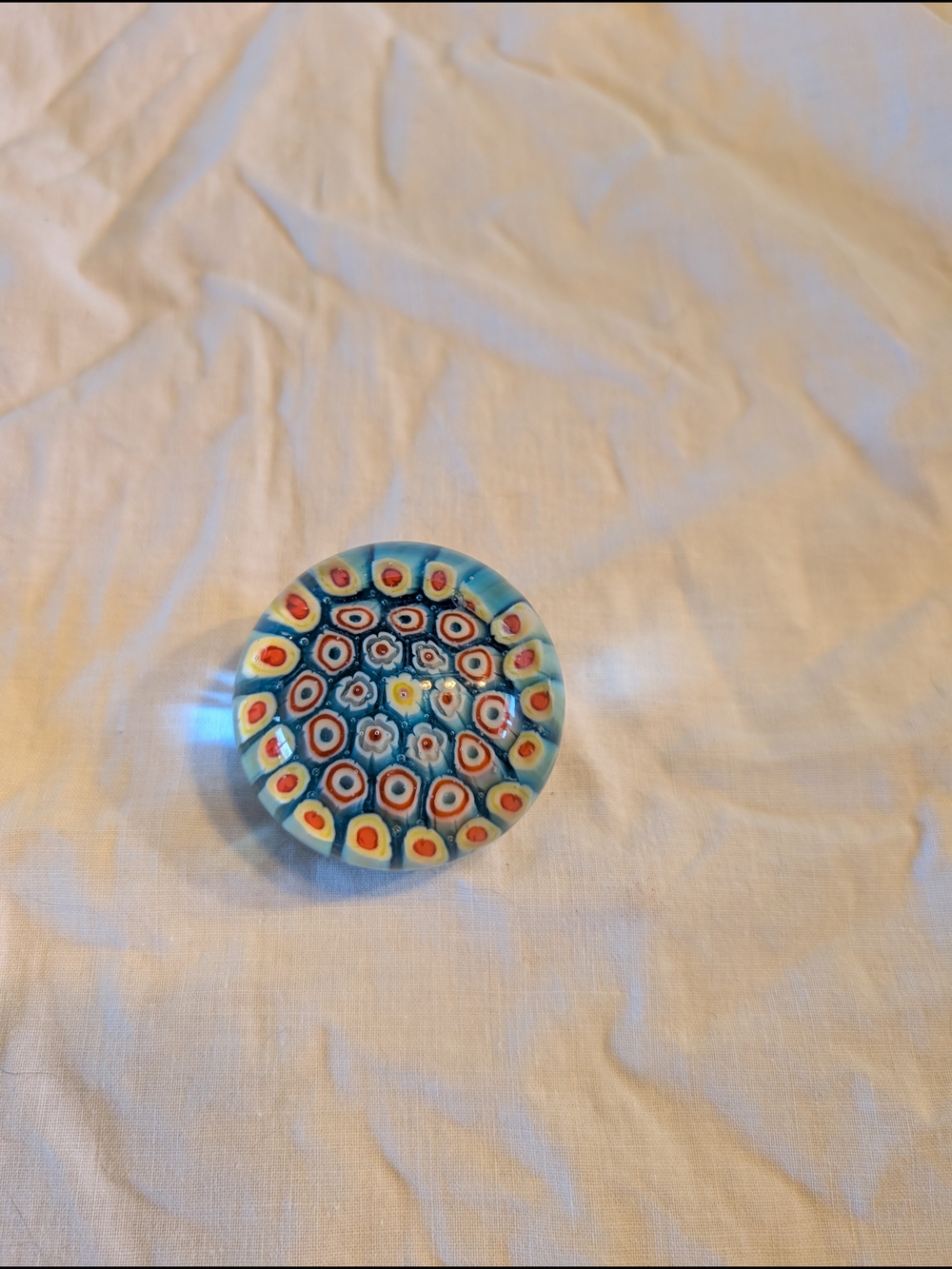 2/50$ Vintage Blue Millefiori Glass Paperweight with Multicolor Flower Pattern